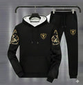 Men Black Royal Crest Hoodie Track Suit with Gold Floral Sleeves