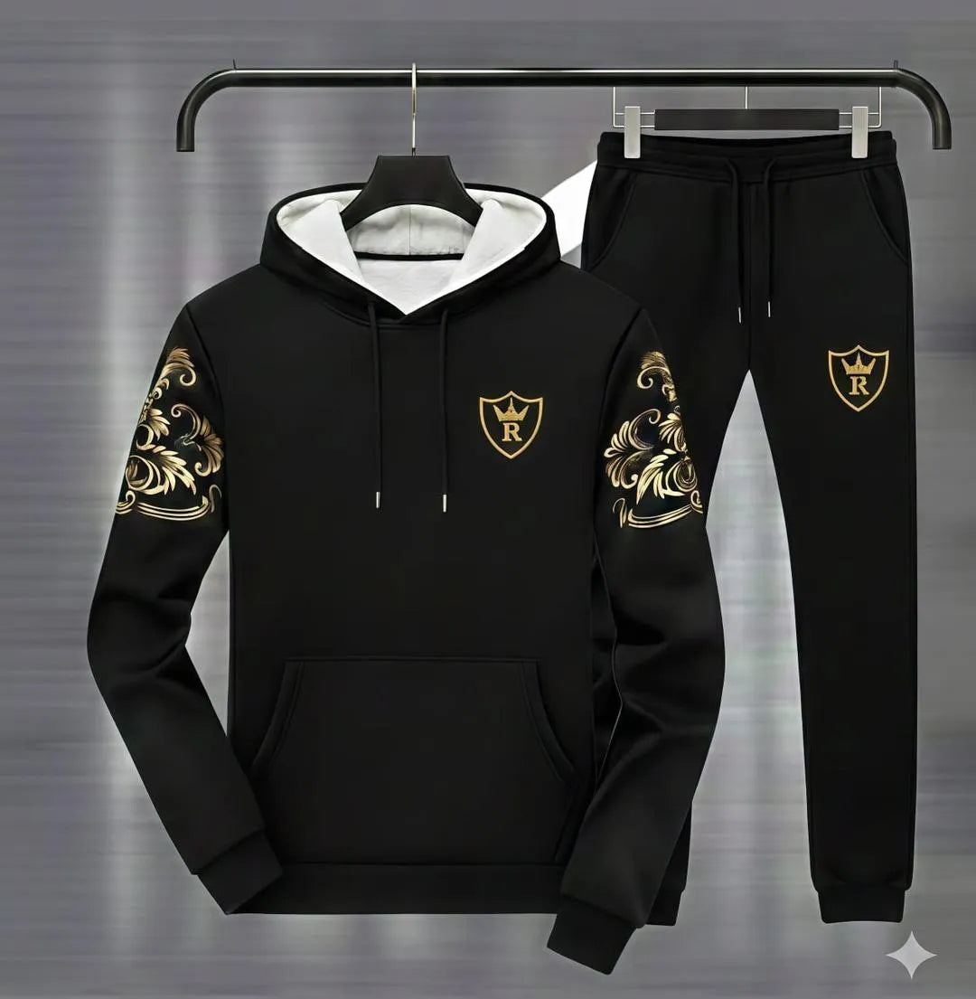 Men Black Royal Crest Hoodie Track Suit with Gold Floral Sleeves