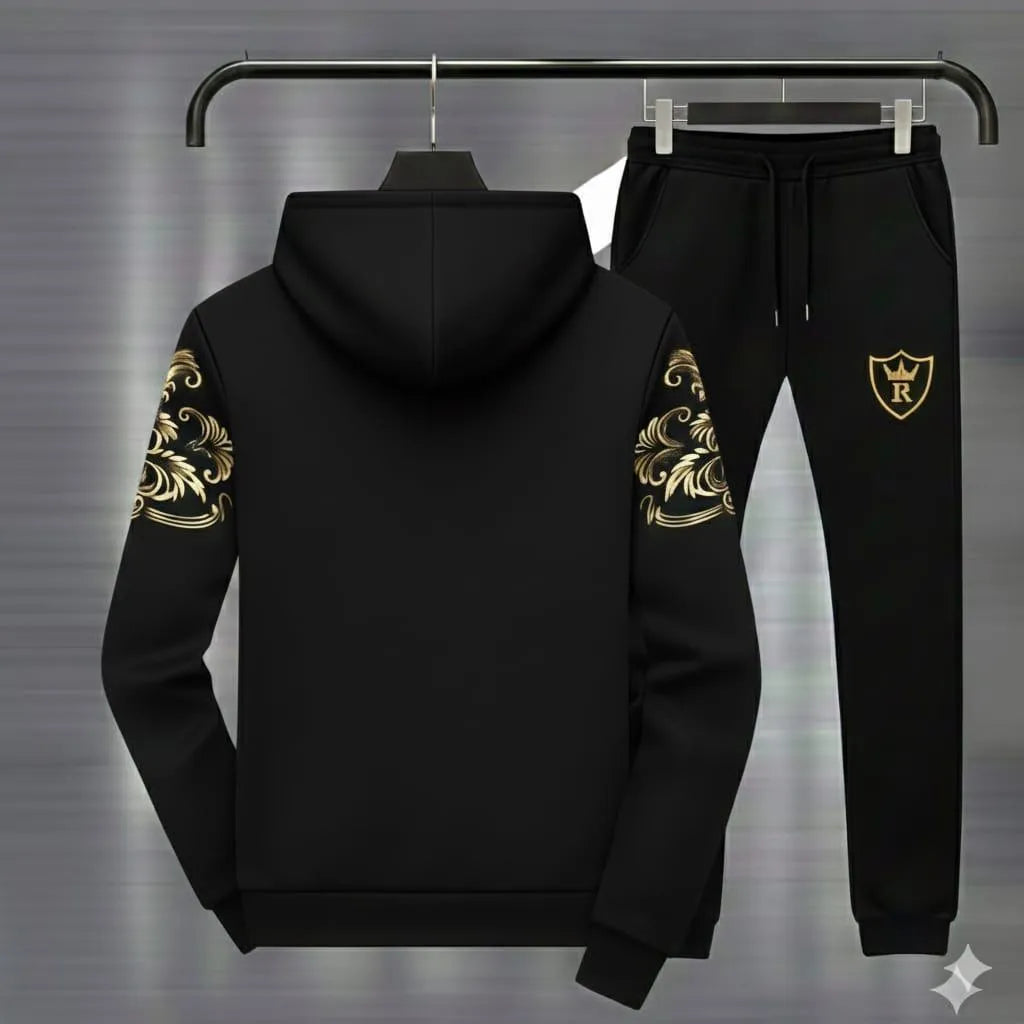 Men Black Royal Crest Hoodie Track Suit with Gold Floral Sleeves