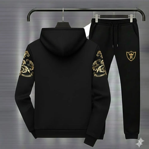 Men Black Royal Crest Hoodie Track Suit with Gold Floral Sleeves