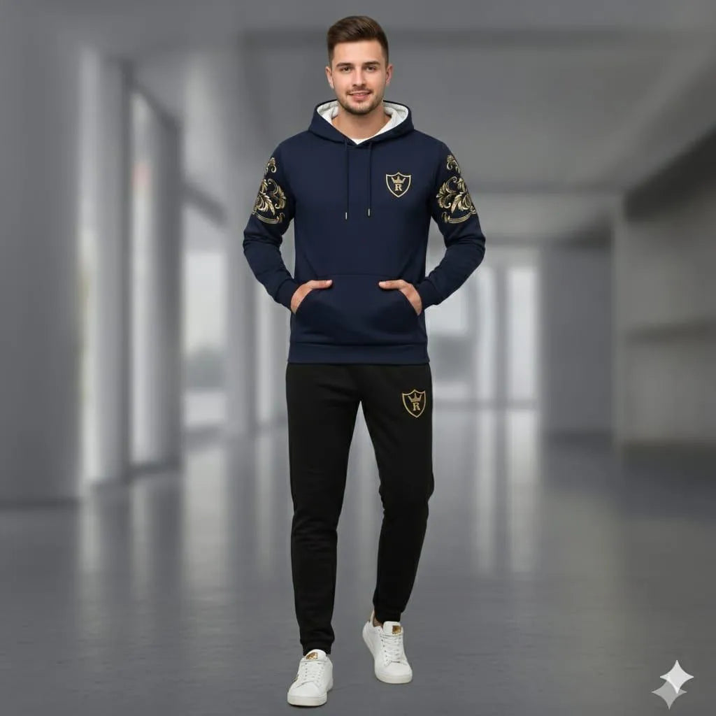 Men Royal Crest Blue Hoodie Track Suit Winter Warm Fleece