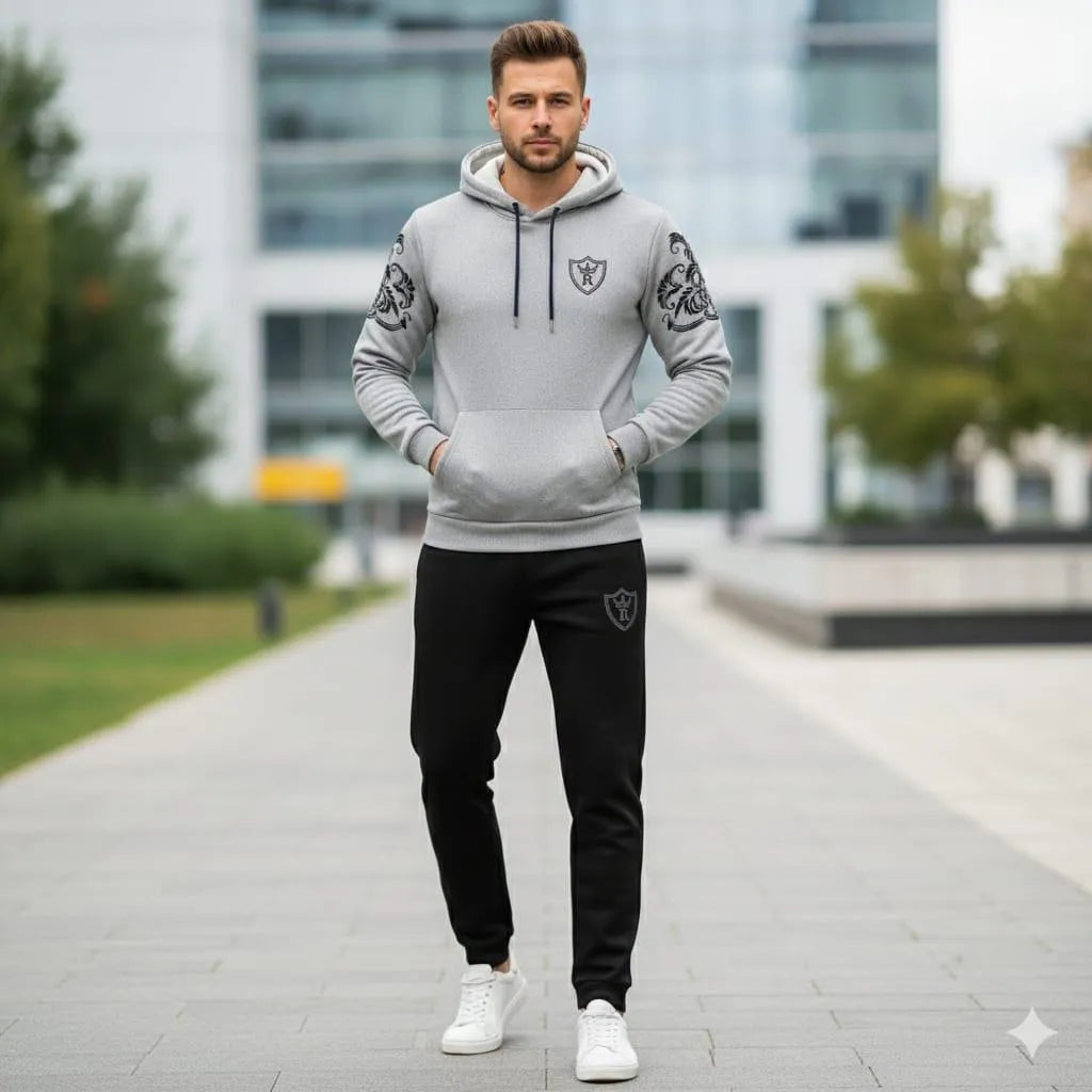 Men Grey Black Royal Crest Hoodie Track Suit Winter Fleece