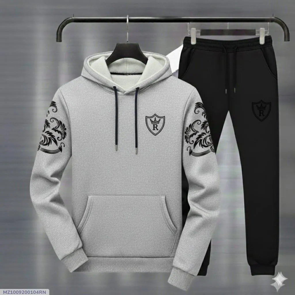 Men Grey Black Royal Crest Hoodie Track Suit Winter Fleece