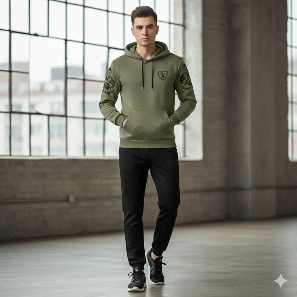 Men Royal Crest Hoodie Track Suit Green Black Fleece
